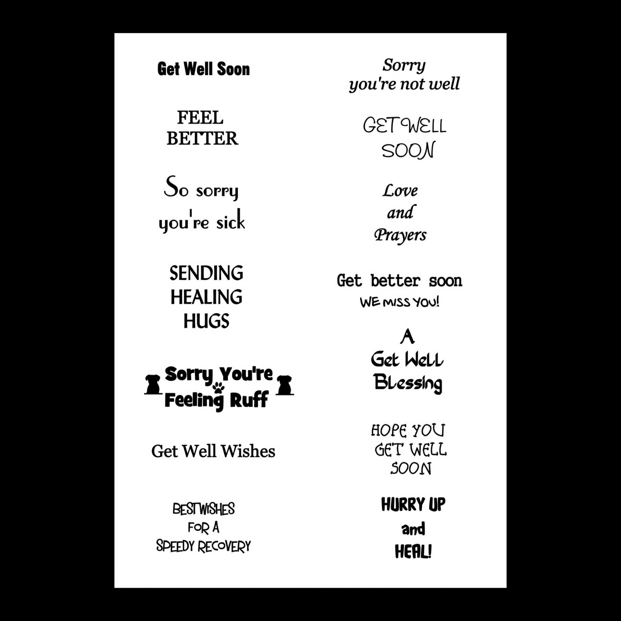 Get Well Sentiments Digital Sheet, Get Well Words And Phrases, Printable Card Sentiments, Word Art Printable, Greetings for Cards, DIY Card