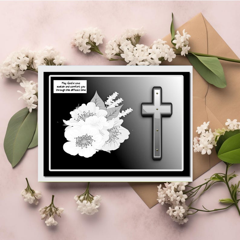 Op de afbeelding: Condoleancekaart met een zwart-wit bloemmotief en een zilveren kruis. De kaart bevat de tekst "May God's Love sustain and comfort you through this difficult time." Witte bloemen en een bruine envelop omringen de kaart.