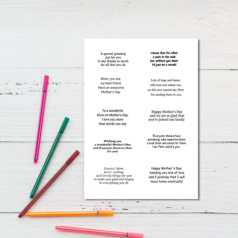 Mother's Day Card Inserts Digital Sheet, Mother's Day Sentiments ...