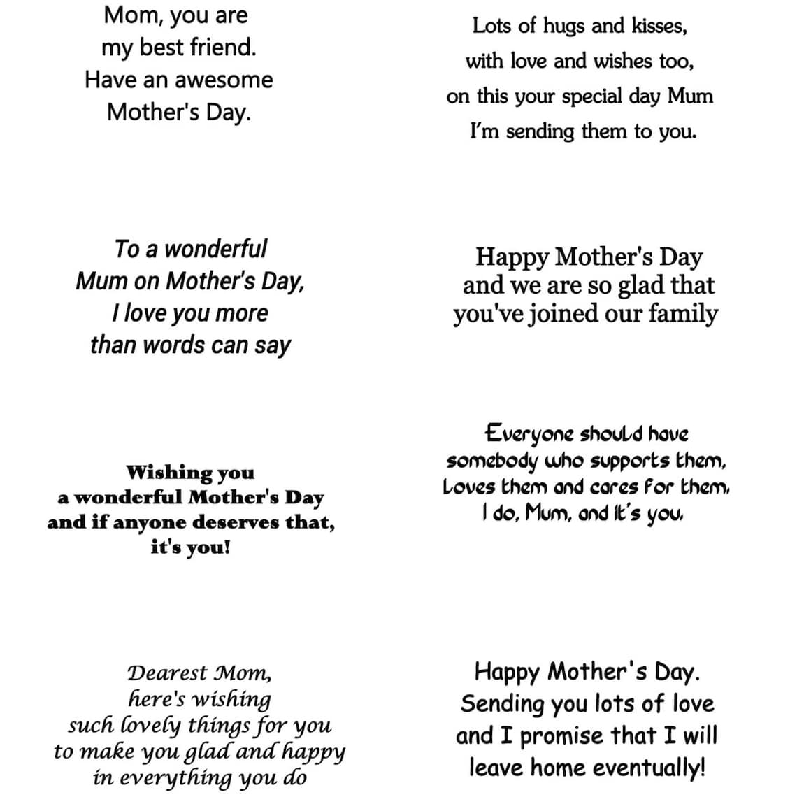 Mother's Day Card Inserts Digital Sheet, Mother's Day Sentiments ...
