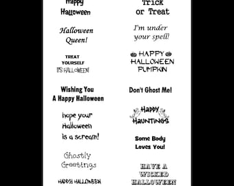 May include: A collection of 12 Halloween themed digital stamps featuring various spooky and fun sayings. The stamps include phrases like "Happy Halloween", "Trick or Treat", "Don't Ghost Me!" and "Have a Wicked Halloween".