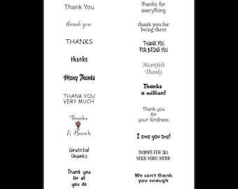 May include: A white background with various phrases expressing gratitude in black font. Phrases include "Thank You," "Thanks a million!," and "Thank you for your kindness." The image is a collection of thank you messages.