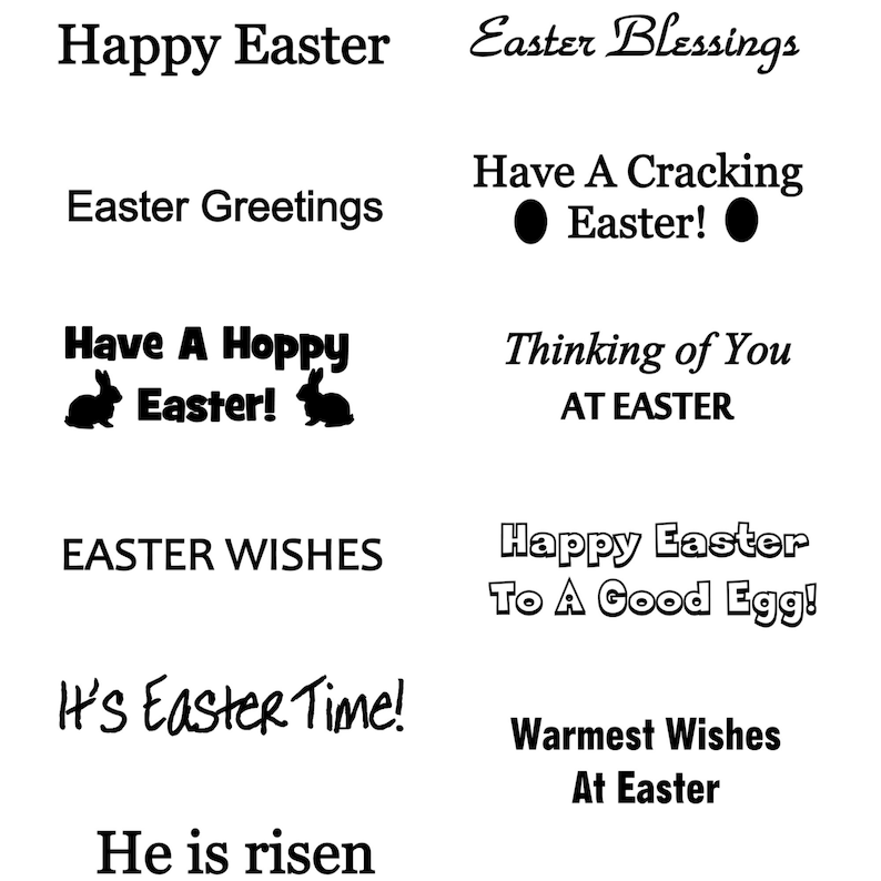 K&ouml;nnte beinhalten: Eine Sammlung von Ostergr&uuml;&szlig;en mit verschiedenen Botschaften, darunter "Frohe Ostern", "Ostersegen", "Frohe Ostern", und "Ich denke an dich zu Ostern".