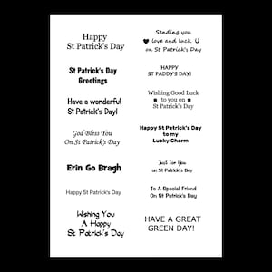 Op de afbeelding: Een verzameling zwart-witte printbare wenskaarten met verschillende St. Patrick's Day-berichten. De kaarten bevatten zinnen als "Happy St. Patrick's Day", "Erin Go Bragh" en "Have a Great Green Day!"