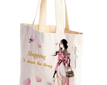 Shopping Girl Cotton Canvas Tote Bag: Reusable Shoulder Bag