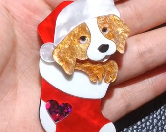 Acrylic Christmas Puppy Brooch: Vintage Holiday Pin