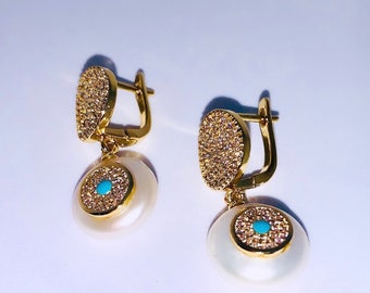 Pave CZ Pearl Drop Earrings: Gold Plated Evil Eye