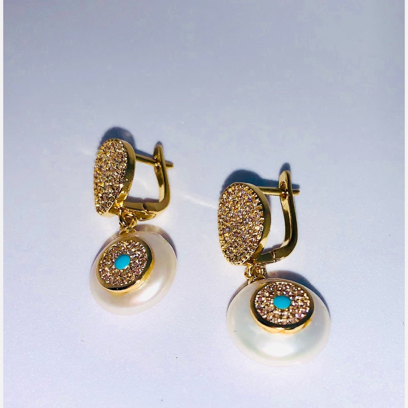 Pave CZ /& Pearl Drop Earrings Pave Round Shape Earrings Elegant Pearl Earrings with Evil Eye.