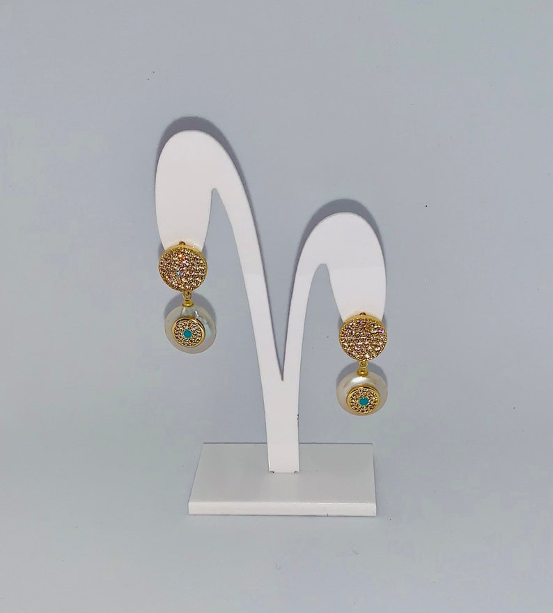 Pave CZ /& Pearl Drop Earrings Pave Round Shape Earrings Elegant Pearl Earrings with Evil Eye.