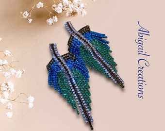 Blue & Green Crystal Leaf Tassel Dangle Drop Earrings