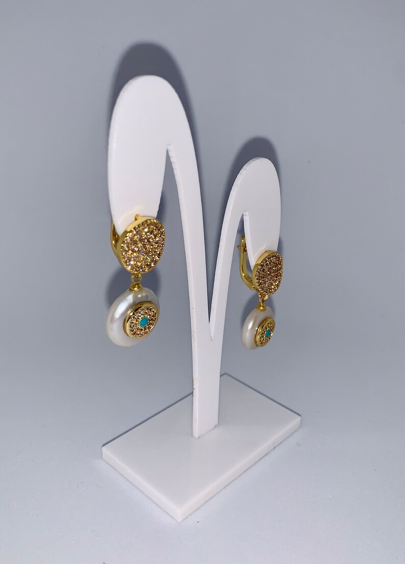 Pave CZ /& Pearl Drop Earrings Pave Round Shape Earrings Elegant Pearl Earrings with Evil Eye.