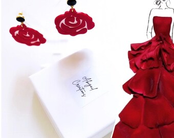 Matte Red Rose Earrings: Acrylic Statement Dangle Earrings
