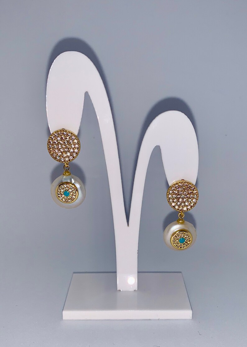 Pave CZ /& Pearl Drop Earrings Pave Round Shape Earrings Elegant Pearl Earrings with Evil Eye.