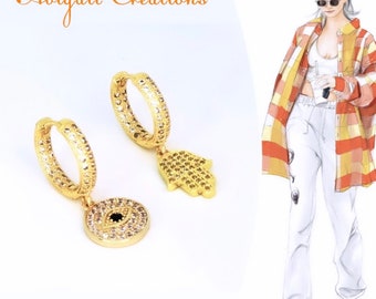 Gold Plated Evil Eye Hamsa Dangle Hoop Earrings: Cubic Zirconia Crystal