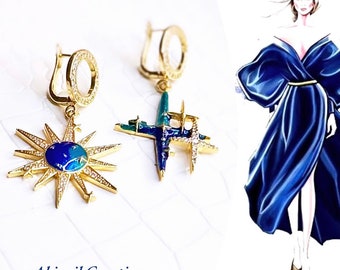 Galaxy Statement Earrings: Sun Moon Star Gold Plated Enamel Earrings