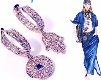Silver Plated Evil Eye Hamsa Dangle Hoop Earrings: Cubic Zirconia Charms