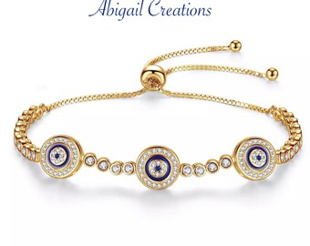 Sterling Silver Evil Eye Bracelet: CZ & Blue Enamel, Adjustable