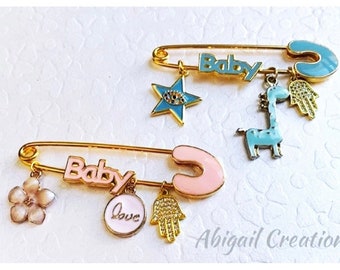 Enamel Baby Stroller Pin: CZ Hamsa, Gold Safety Pin, Newborn Gift