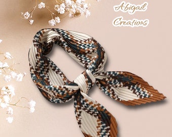 Elegant Square Pleated Silky Printed Scarf Color-Cream, Brown and Green