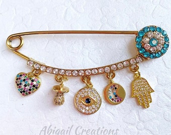 Gold Baby Stroller Pin: Cubic Zirconia Hamsa Evil Eye Brooch