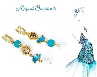Gold Plated Drop Earrings: CZ, Pearl, Turquoise & Blue Stone