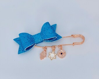 Rose Gold Baby Pin: Evil Eye, Hamsa, Star of David - Blue Bow