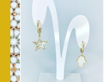 Gold Plated CZ Crystal Hoop Earrings: Shell Star & Hamsa Charms