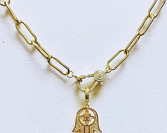 Gold Paper Clip Chain Necklace: Hamsa Evil Eye CZ Pendant