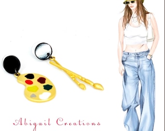 Artist Palette & Brush Earrings: Enamel Painter Dangle Earrings