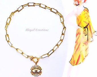 Gold Paper Clip Chain Necklace: Rainbow Evil Eye Pendant, CZ Clasp