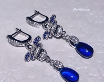 Silver Bee Dangle Earrings: Royal Blue Cubic Zirconia Drop