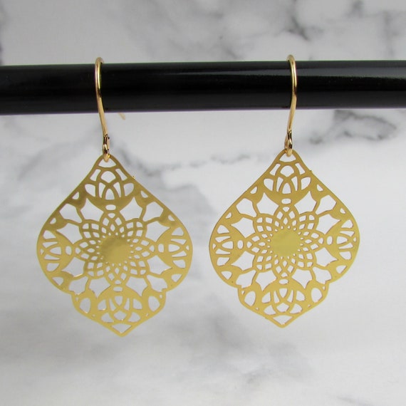 Gold Filigree Earrings, Lightweight Gold Dangle Earrings, Lace Cutout Drop Earrings, Boho Gold Earrings, Delicate Statement Jewelry