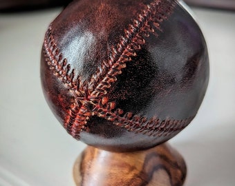 1860s Vintage Leather Lemon Peel Baseball with Rosewood Stand – Sports Decor