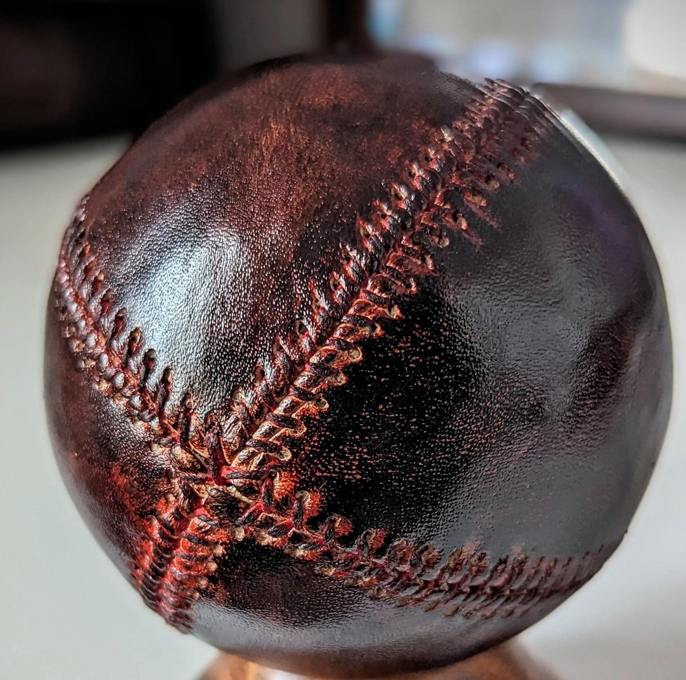 1860s Vintage Leather Lemon Peel Baseball With Rosewood Stand