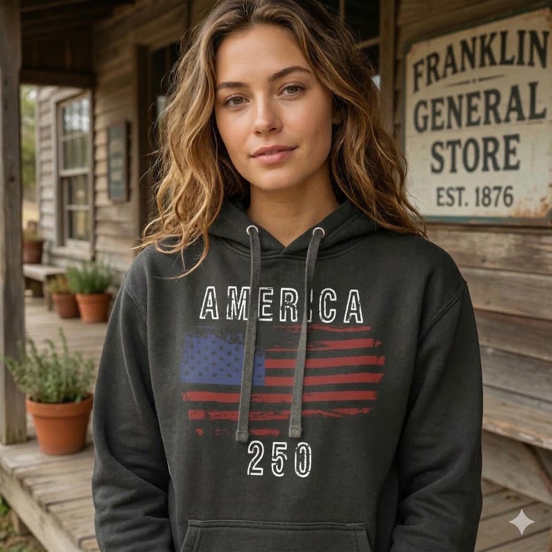 May include: A dark grey hoodie featuring the word "AMERICA" in white above a distressed American flag graphic. The number "250" is printed below the flag. The hoodie has a drawstring and is worn by a person.