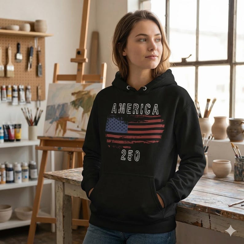 May include: Black hooded sweatshirt featuring the word "AMERICA" above a distressed American flag design and the number "250" below. The sweatshirt has a front pocket and a drawstring hood. The design is in white, red, and blue.