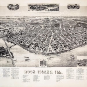 Grande carte murale d'art murale - Rock Island Illinois 1889 - téléchargement numérique - grande clarté et détails - cadeau de Noël