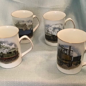 English Bone China Mug Set Railroad Motif