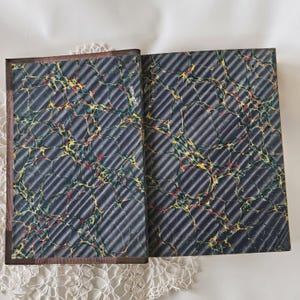 Op de afbeelding: Open antiek boek met gemarmerde papieren omslagen. De omslagen zijn donkerblauw met een diagonaal streepjespatroon en kleurrijke wervelingen van geel, rood en groen. De rug is donkerbruin.