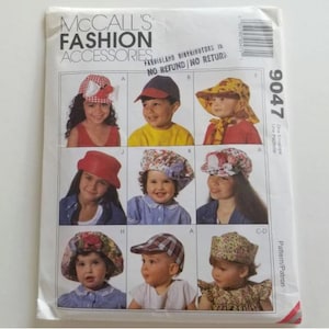 May include: McCall's Fashion Accessories pattern featuring various children's hats. The hats include a red cap, a baseball cap, a floral bonnet, and a sun hat. The pattern number is 9047.