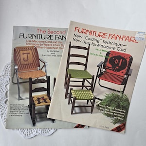 May include: Two books with colourful covers titled "The Second Furniture Fan-Fare" and "Furniture Fan-Fare New "Cording" Technique - New Uses for Macrame Cord". Both books feature images of chairs and footstools made with macrame cord.