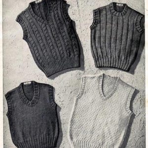 May include: Four sleeveless sweaters in different knit patterns are shown. The sweaters are in shades of grey and white. The top left sweater has a cable knit design. The bottom left sweater has a V-neck. Text is included at the bottom of the image.