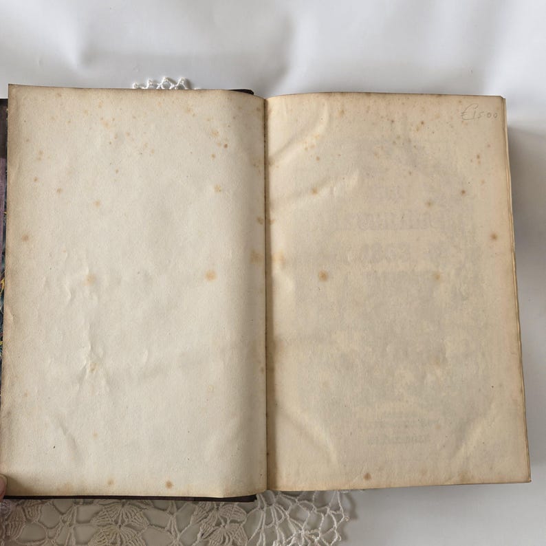 Op de afbeelding: Een open antiek boek met verouderde, cr&egrave;mekleurige pagina's. De pagina's vertonen bruine vlekken en lichte kreukels, wat op leeftijd duidt. De binding is zichtbaar aan de linkerkant en het boek ligt op een wit oppervlak. De tekst "Circa" is zichtbaar in de rechterbovenhoek.