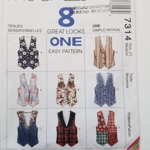 May include: A sewing pattern for vests, showcasing diverse designs. The pattern includes vests with floral, plaid, and patterned fabrics. The text on the pattern reads "Great Looks" and "One Easy Pattern". The size is Medium (7).