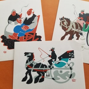 Set di 3 cartoline dell'artista del Quebec SIM (non spedite) / Caleche / Pierre e Malvina