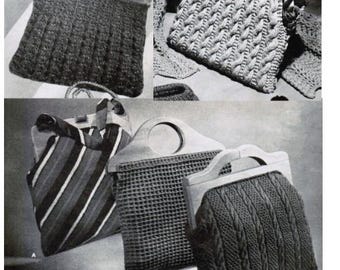 Handbag Knitting and Crocheting Patterns (set of 5) / Purse Pattern PDF / Waffle stitch crochet bag / Striped Knitted bag / Cable knit bag