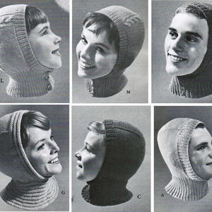 May include: Six black and white photographs display knitted balaclavas. The balaclavas have different designs, including cable knit, button fastenings, and ribbed collars. The letters A, B, C, G, L, and M are visible on some of the balaclavas.