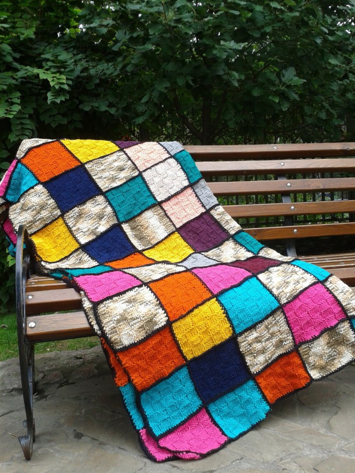 Knitted Blanket Patchwork quilt for garden and home Rustic Etsy