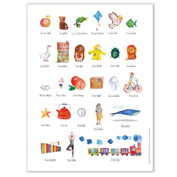 To Print - Illustrated German Alphabet, Alphabet Nursery Art, Animal Alphabet Print, ABC, Watercolor ABC, Nursery Alphabet Print, ABC Poster