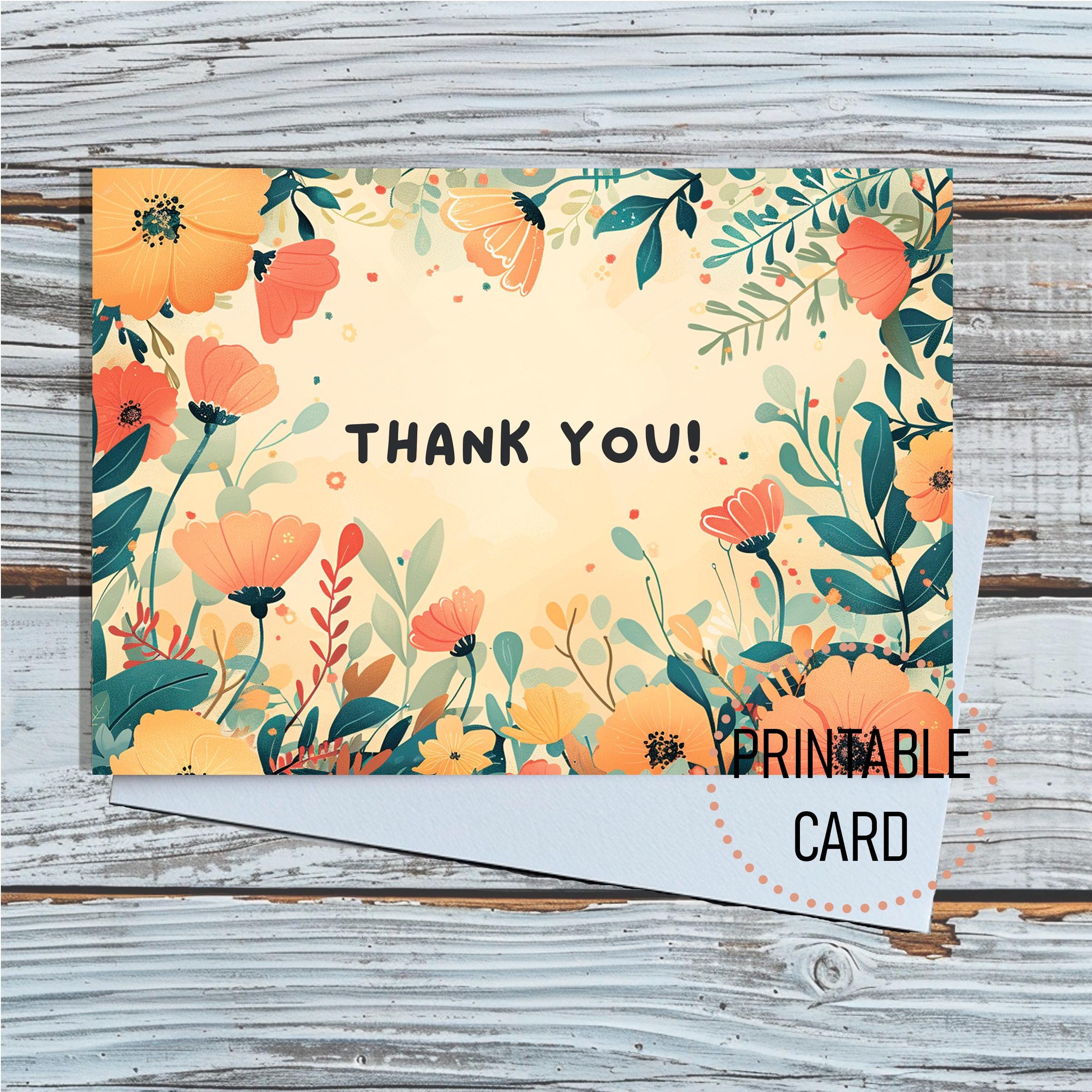 PRINTABLE CARD Thank You, Flower Thank You Card, Floral Digital Card ...